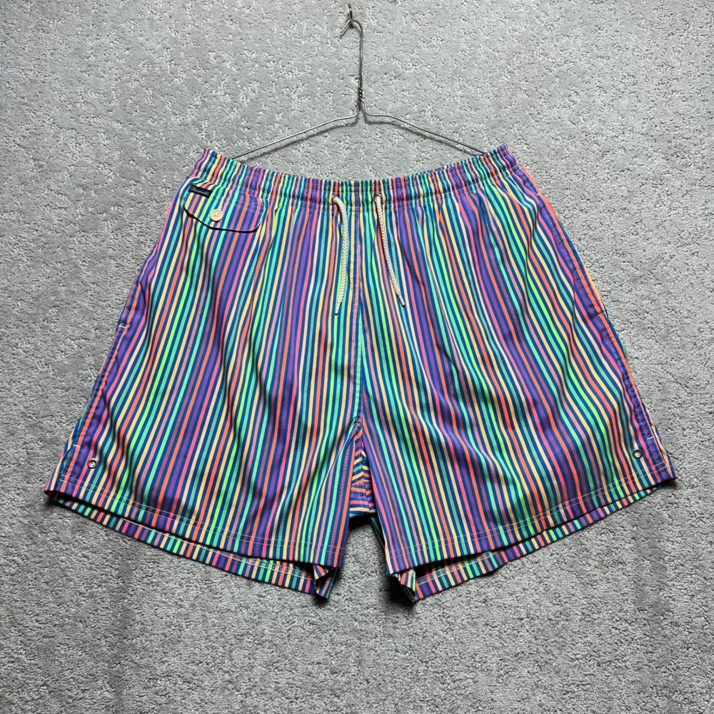 VINTAGE Faconnable Swim Shorts Mens L Rainbow Striped‎ Board Trunks Surf 90s